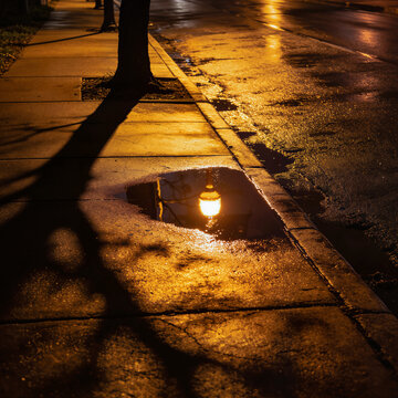 Rainy city sidewalk puddle reflecting streetlight at night