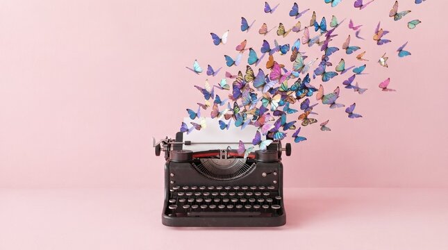 Colorful butterflies flying out of vintage typewriter paper on pastel pink background, imagination and creative writing concept