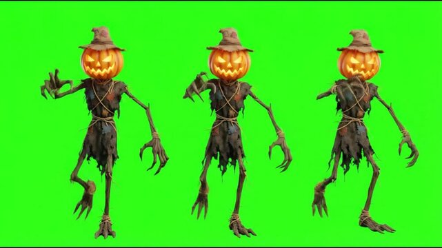 Three dancing pumpkin scarecrows on a green screen background,chroma key