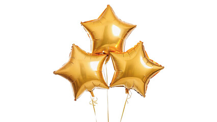 Golden star shaped helium foil balloons group celebration decoration isolated on transparent background © Samuel Sutton