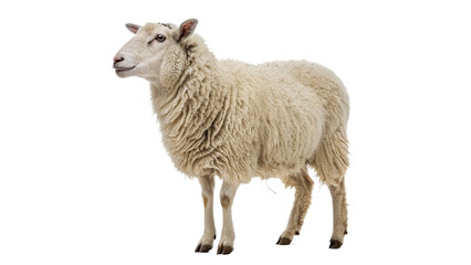 Fototapeta premium Domestic woolly white sheep standing looking forward livestock animal isolated on transparent background
