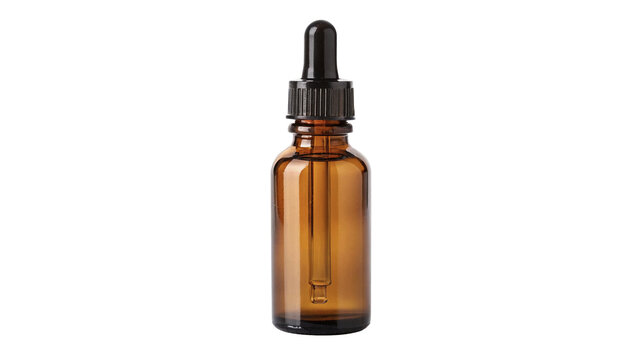 Amber glass dropper bottle for essential oil cosmetic serum isolated on transparent background