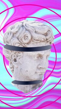 Marble head sculpture split into three parts over colorful abstract animation