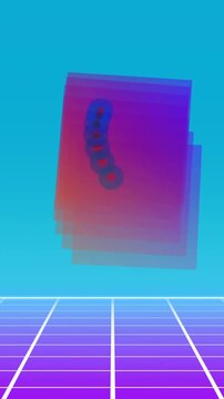 Geometric shapes and grid animation with vibrant colors on blue background