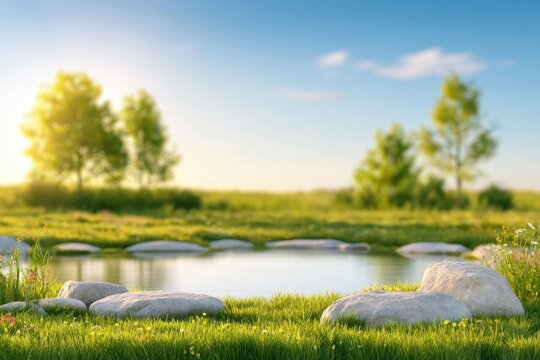 Sustainable meadow environment featuring native grasses, wildflowers, natural stone borders, small pond, tree clusters, pollinator habitat, and protected open land beneath a clear sky