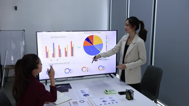 Two Asian businesswomen discussing a marketing report and analyzing sales data on a large screen in a modern office meeting room.