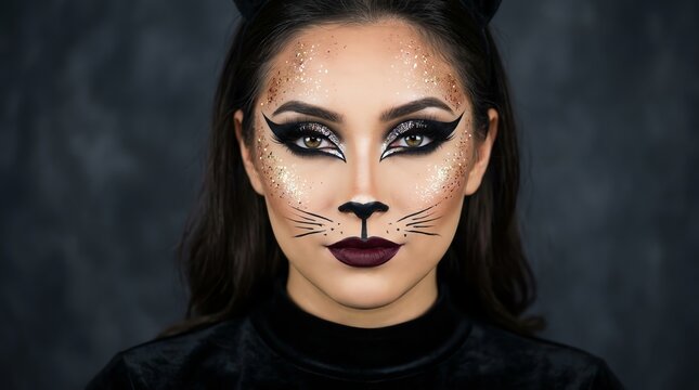 Woman With Cat Halloween Makeup and Glitter