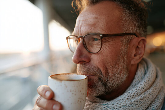 Man sips warm drink, gazing out window. Glasses and scarf hint at chilly weather. Soft light bathes his thoughtful expression. Cozy, contemplative moment captured in stillness
