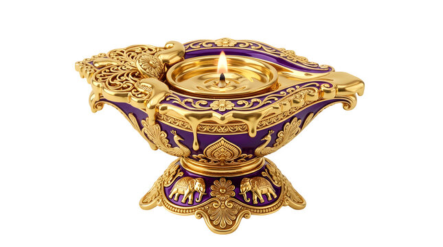 Elegant gold and purple ornate ceremonial incense burner with intricate designs.