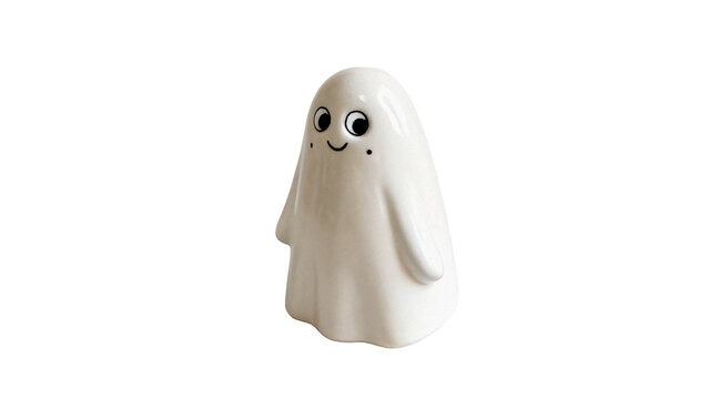 Cute little white friendly ghost cartoon halloween character isolated on transparent background