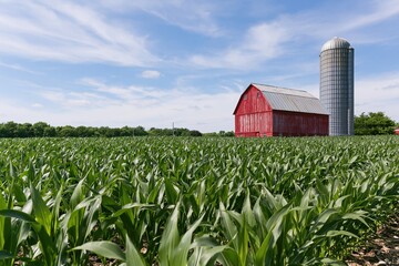 Naklejka premium The Red Barn And Silo Above A Lush Green Cornfield At Distant Horizon