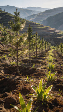 Newly planted pine saplings on a mountainside reforestation site