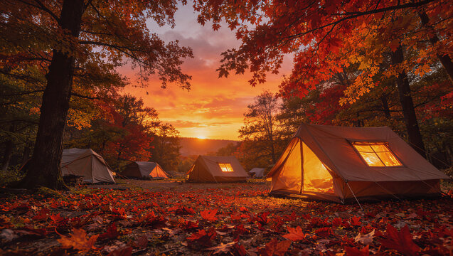 Autumn campground with tents under red maple trees at sunset