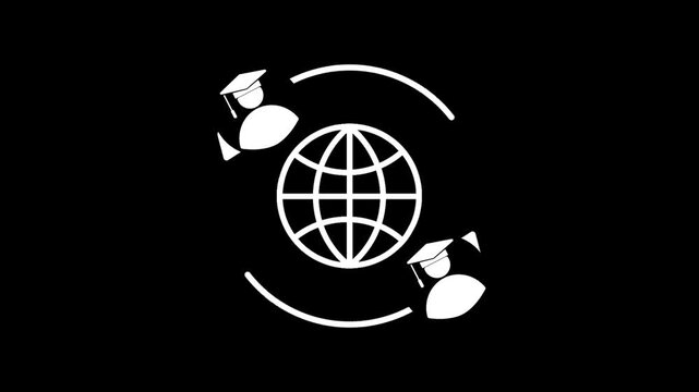 Student exchange concept featuring two student icons, a globe symbol, and circular arrows representing international education and global academic mobility.
