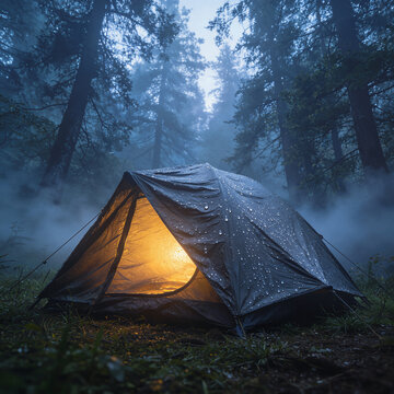Tent in misty pine forest with dew on rainfly