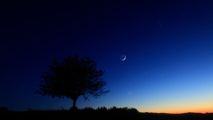 Moon on a twilight sky with stars, planets and landscape mountain silhouettes. © astrosystem