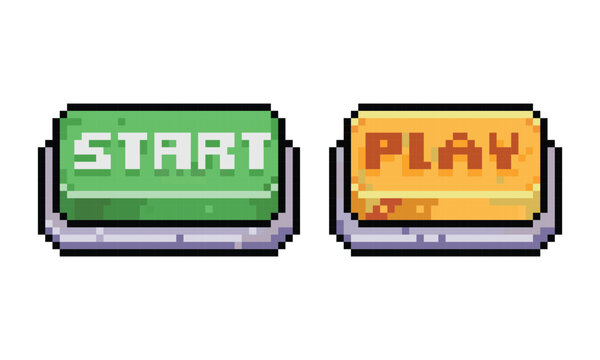Pixel art start and play game UI buttons set isolated on white background