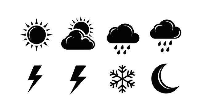 Weather forecast icons set black on white background with collection black meteorology lightning symbols cloud rain snow moon sun