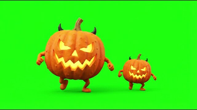 Dancing Halloween pumpkins on a green screen background,chroma key