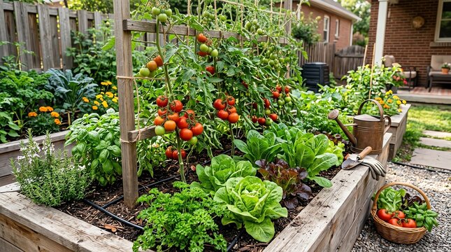 Abundant Raised Garden Bed Filled with Fresh Vegetables and Herbs
