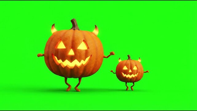 Dancing Halloween pumpkins on a green screen background,chroma key