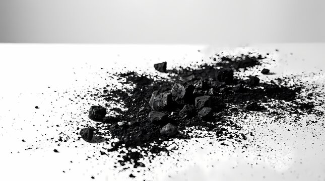 A pile of black charcoal powder scattered on a clean white background with high contrast texture