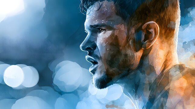 Determined male athlete showing intense focus and sweat under cinematic stadium lights watercolor art