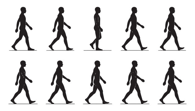 Ten frame walking cycle animation set featuring human side view black silhouettes ideal for character motion study and professional animation project sequences.