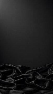 Elegant black silk fabric background, luxurious dark satin waves with copy space, sophisticated textile texture for premium product display.