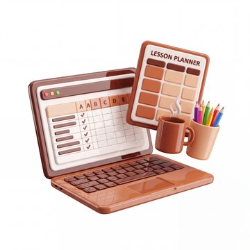 3d laptop with lesson planner and school supplies