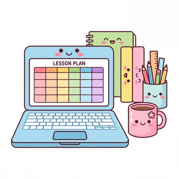 Cute kawaii laptop displaying a lesson plan with school supplies