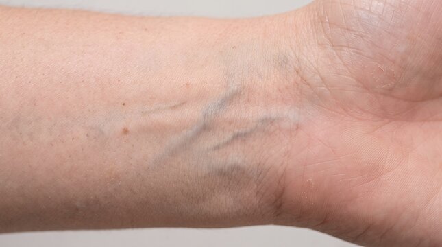 Detailed close up of human forearm and wrist veins showing vascular structure and skin texture