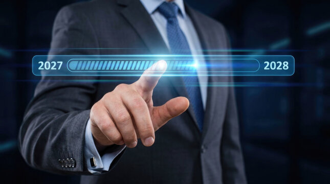 Business professional touching progress bar displaying years 2027 to 2028 futuristic technology concept
