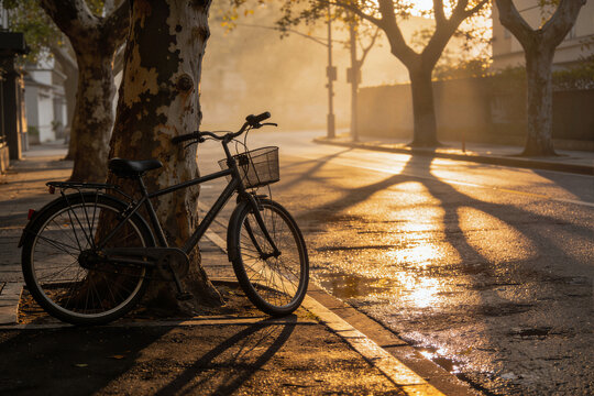 Bicycle leaning against plane tree in morning urban light