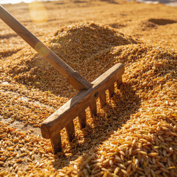 Wooden rake on golden rice in threshing yard