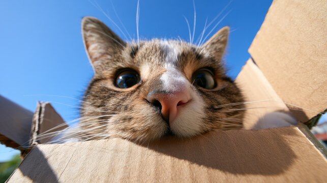Close-up of curious cat face peeking out from cardboard box outside under clear blue sky with wide eyes and attentive expression in bright natural sunlight