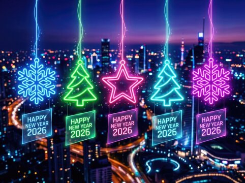 Neon christmas ornaments hanging over a city skyline celebrating the new year 2026