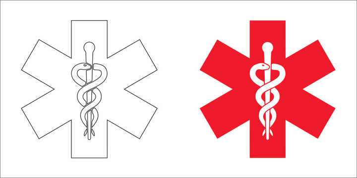 Star of Life vector icon, emergency medical services EMS symbol with Rod of Asclepius, healthcare badge for ambulance, rescue, first aid and medical response design.