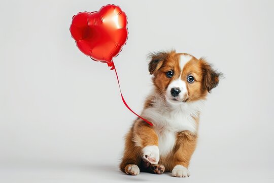 A cute puppy holding a red heart-shaped balloon with its paw, looking towards the camera with an endearing expression, symbolizing love and affection.