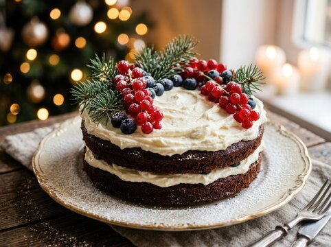 Festive chocolate cake decorated with winter berries and pine branches for a christmas celebration