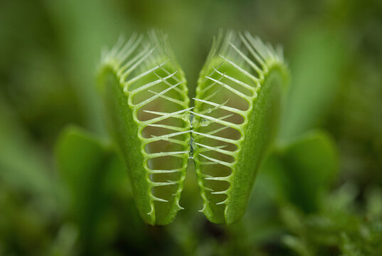 Predatory venus flytrap dionaea carnivorous trap with closed trigger jaws, insectivorous botany detail.