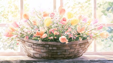 Obraz premium Watercolor illustration of a rustic basket filled with spring tulips and blossoms in soft morning light