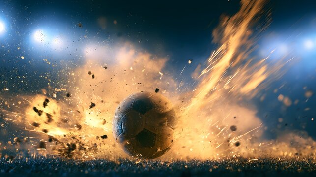 Cinematic sports action of a soccer ball hitting grass with golden sparks under stadium floodlights