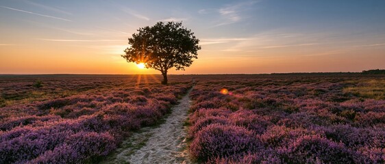 Naklejka premium The Tree at Sunset Over a Vast Purple Heather Field