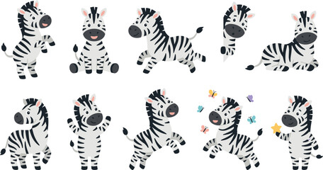 Naklejka premium Cute Baby Zebra Vector Illustration Set Featuring Standing, Running, Walking, Sitting and Playful Safari Animal Characters