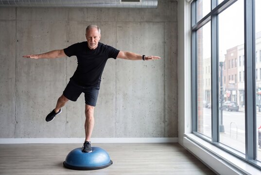Senior man balancing on bosu ball workout fitness stability training