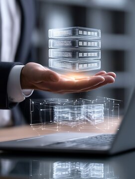 Businessman holding virtual server stack with glowing circuits
