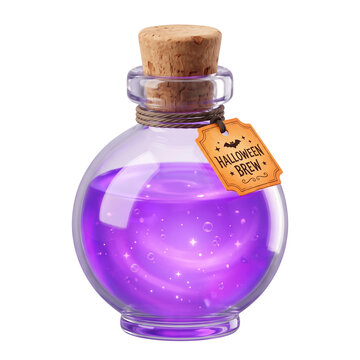 halloween of a mystical potion bottle filled with sparkling purple brew and a "Halloween Brew" tag, perfect for magic themes.