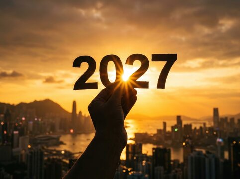 Hand holding the year 2027 with a city skyline and golden sunset background
