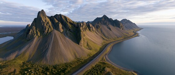 Naklejka premium The Coastal Mountain Range Along a Windswept Icelandic Peninsula Landscape